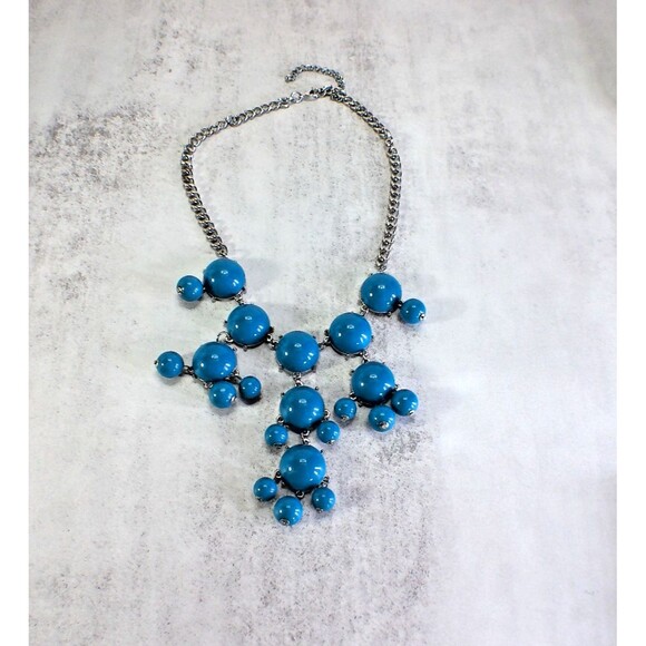 Bubble Cabochon Chandelier Drop Necklace Blue Chunky Statement Silver Tone - Picture 2 of 4